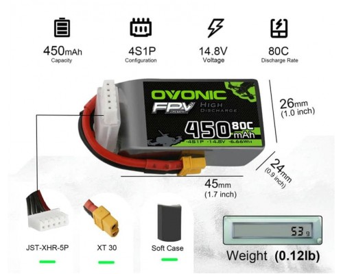 Аккумуляторы OVONIC 450мАч 4S 80C LiPo (XT30) (4 шт.)