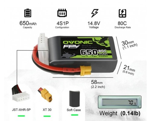 Аккумулятор OVONIC 650мАч 4S 80C LiPo (XT30) Аккумулятор OVONIC 650мАч 4S 80C LiPo (XT30)