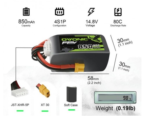 Аккумулятор OVONIC 850мАч 4S 80C LiPo (XT30) Аккумулятор OVONIC 850мАч 4S 80C LiPo (XT30)