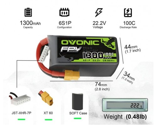Аккумулятор OVONIC 1300мАч 6S 100C LiPo (XT60)