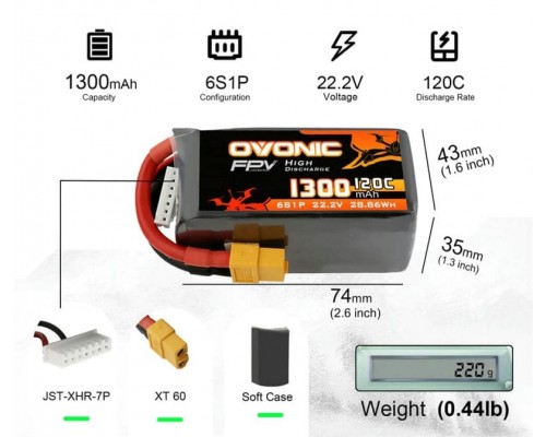 Аккумулятор OVONIC 1300мАч 6S 120C LiPo (XT60)